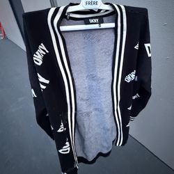 DKNY Logo Print Knit Cardigan Sweater Black White Round Neck Long Sleeve Size L