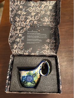 ALMA Handpainted Blue Floral Soup Bowl with Handle