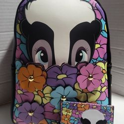 Loungefly Bambi Flower Backpack And Cardholder((RARE)) ((PLAQUE IS UPSIDE-DOWN)) 