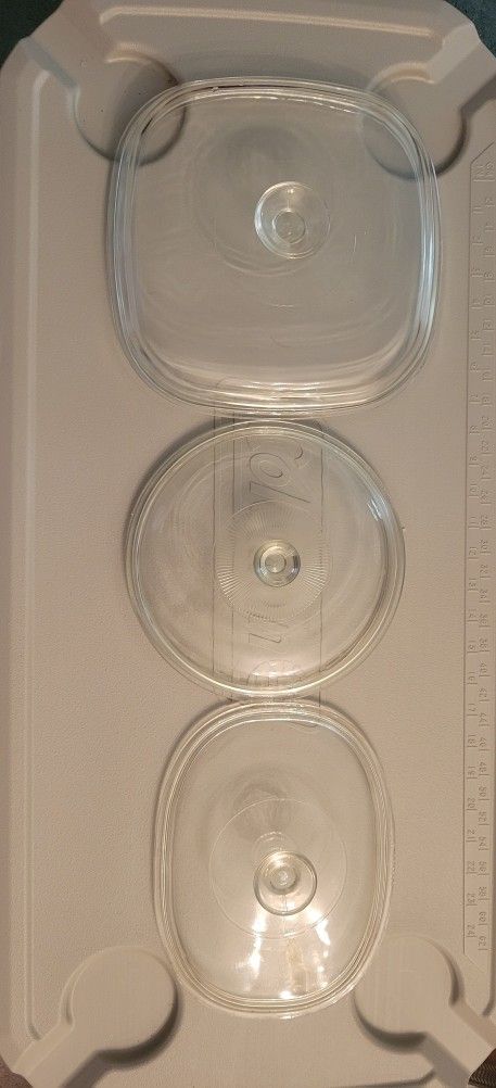 Corningware 12" Glass Square Casserole Baking Lid. and 2 French White Round and oval lid.$10 each!