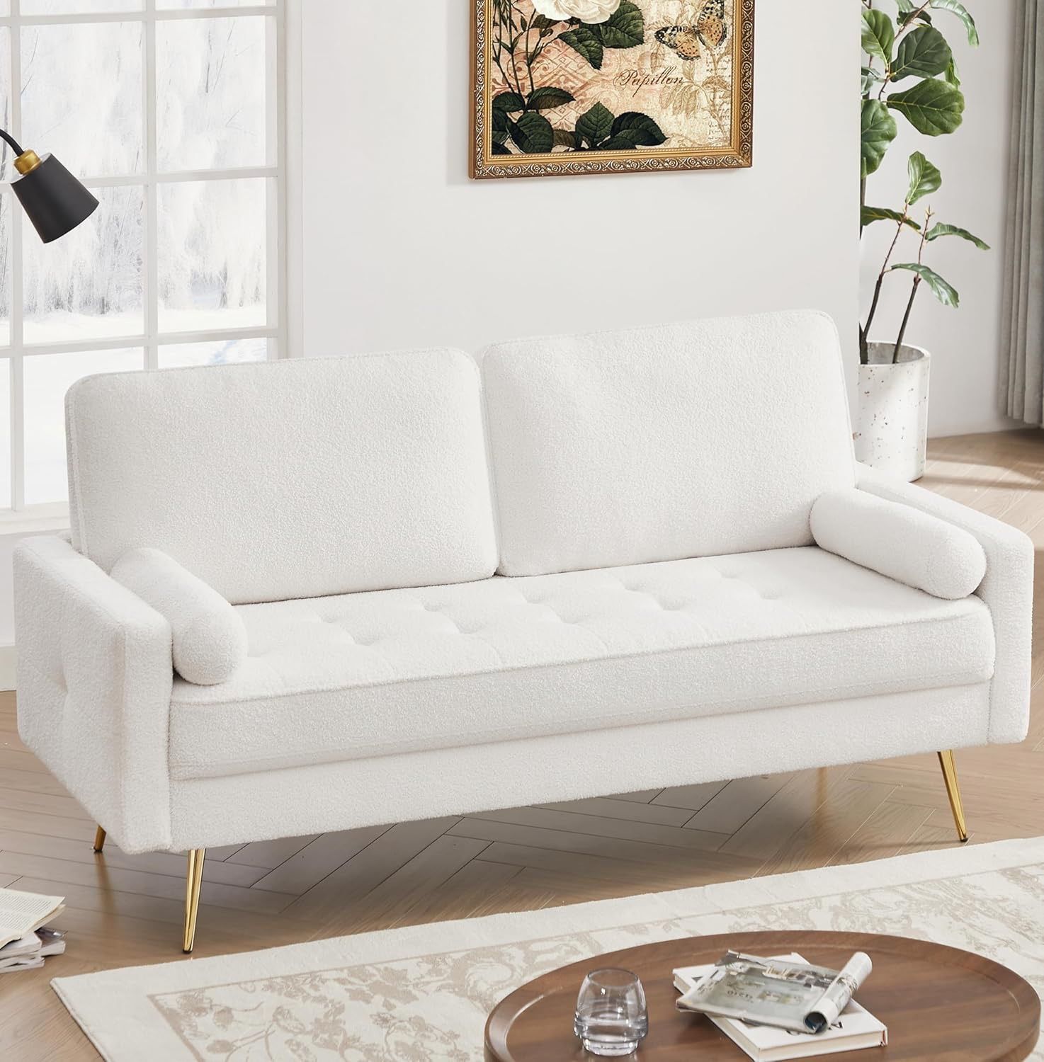 68" White Loveseat Sofa Couch, Mid Century Modern Teddy Fleece Couch with Hand-Tufted Deep Seat, 2 Pillow & Solid Wood Frame, Home Sofa Living Room Sm