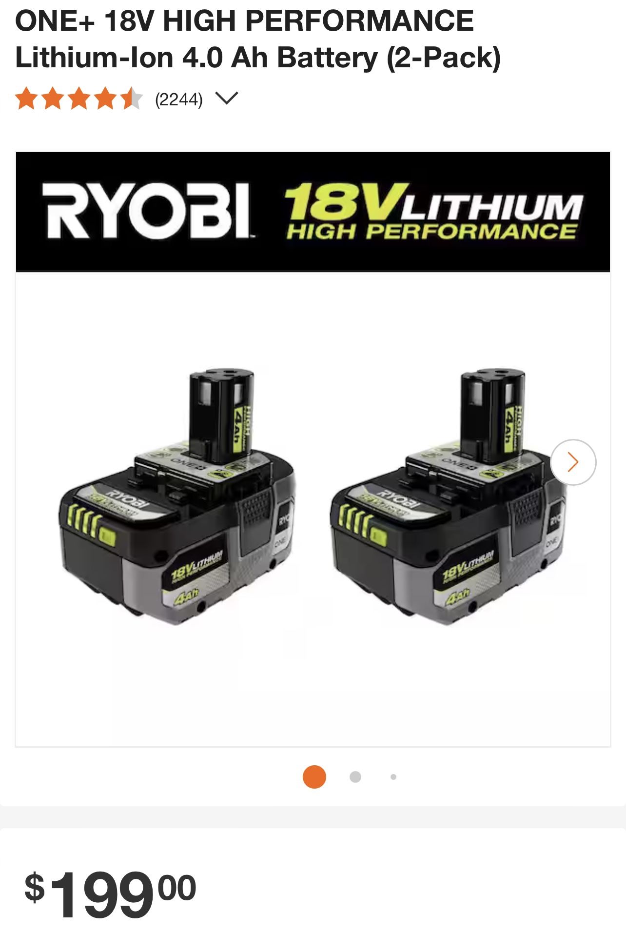 RYOBI ONE+ 18V HIGH PERFORMANCE Lithium lon Ah Battery (2 Pack)