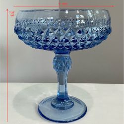 Vintage Indiana Glass Clear Regal Blue Diamond Point Pedestal Compote or Candy Dish