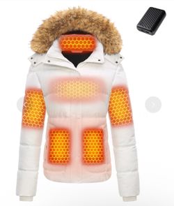 Wulcea Graphene Heated Women’s White Puffer Jacket Faux Fur Hood XL