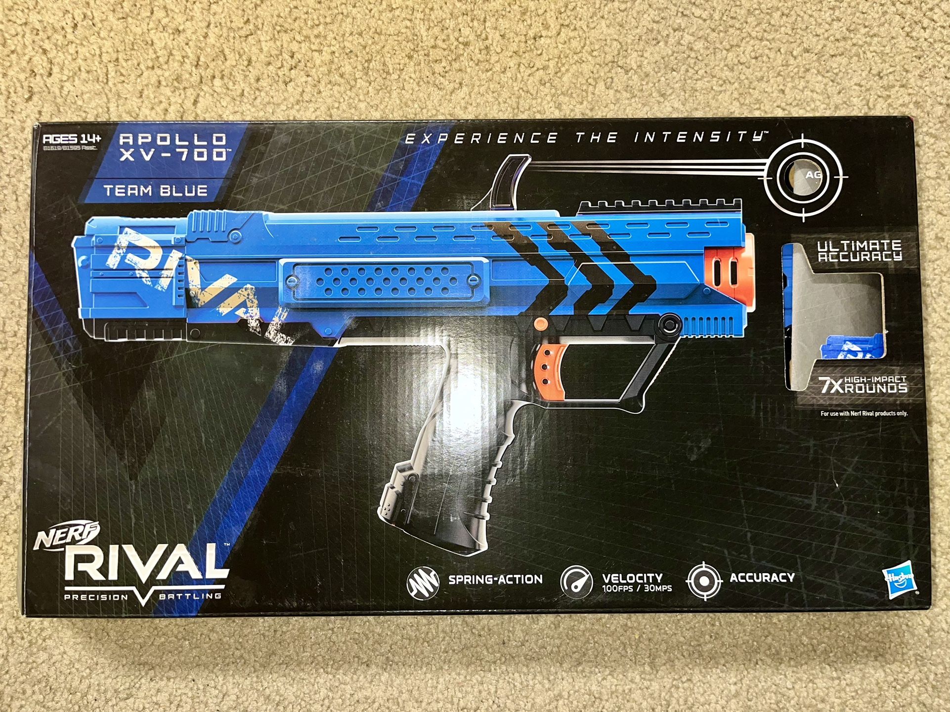 NERF Blue Rival APOLLO XV-700 Ball Blaster Gun With Ammo Clip (+5 Ball Darts)