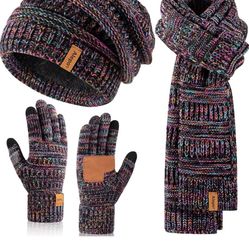 Winter Beanie Hat Scarf Gloves Set for Women, Slouchy Beanie Long Scarf Touchscreen Gloves, Warm 3 in 1 Set