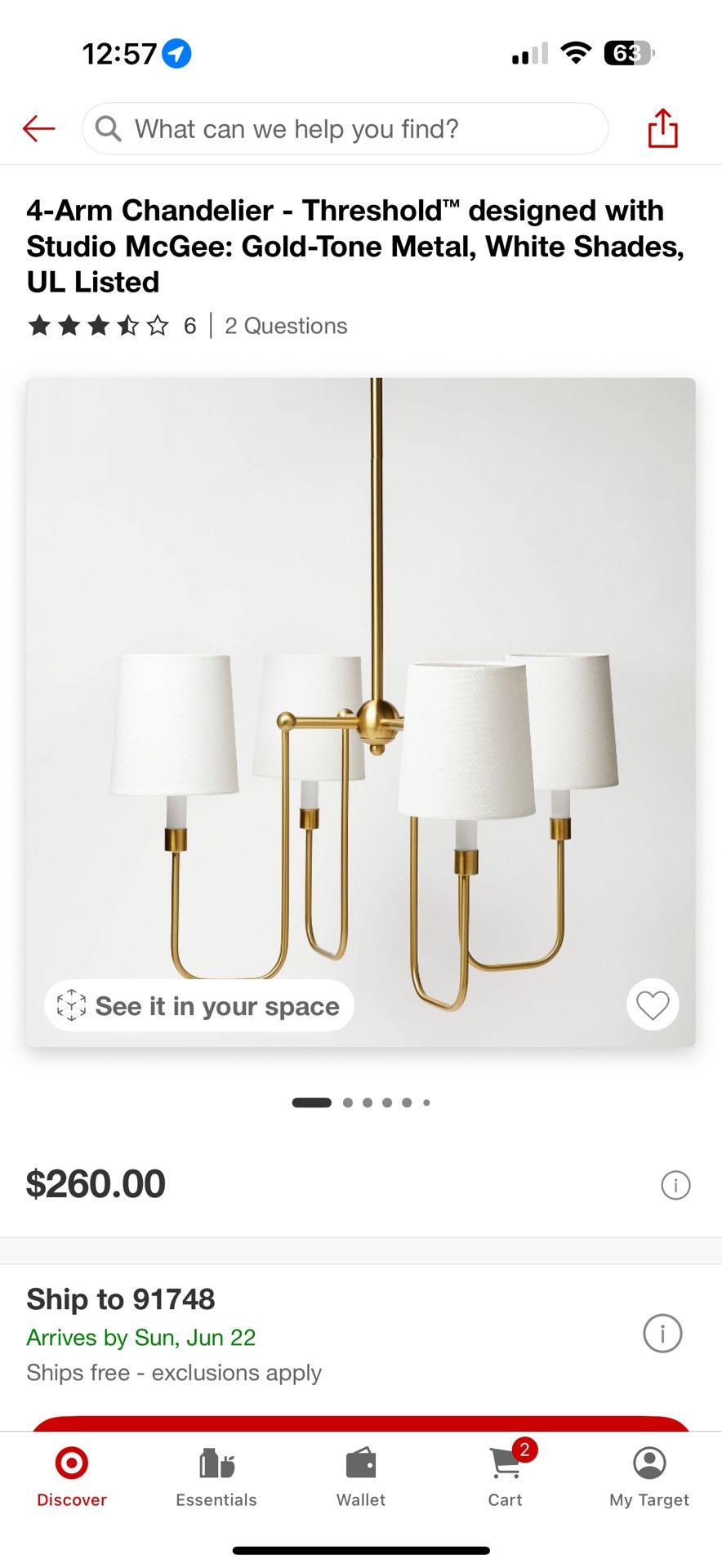 Threshold Studio McGee Brass Finish Chandelier 52.5 In Tall