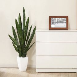 Artificial Green 43" Tall Large Snack Plant With 9" Inches  High White Taper Planter  Tall Faux Sansevieria Plant With 20 Leaves   