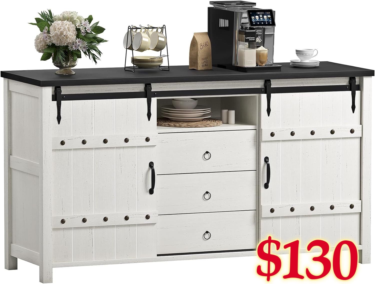Farmhouse Dresser for Bedroom Wood Dresser 48" Wide Modern Chest of Drawers with 3 Drawers & 2 Sliding Barn Doors White Buffet Cabinet with Storage fo