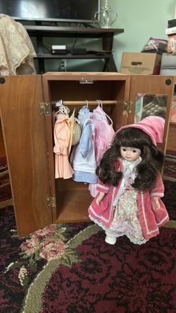 Collectors Porcelain Doll-with Wooden Wardrobe and Outfits