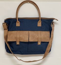 The AARP Classic Courier Organizer Laptop Bag Blue Brown Pockets Denim Shoulder Bag