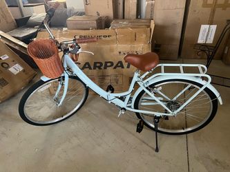 26 Inch Folding Beach Cruiser Bike for Women, 7 Speed Comfortable City Bike with Rear Rack, Cup Holder and Basket, Steel Frame Commuter Foldable Bicyc