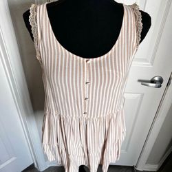 🌾 Lauren Conrad Tan & White Striped Babydoll Blouse w Lace Size Medium