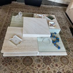 2 Piece Set Travertine & Glass Coffee And Side Table