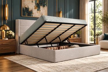 King Size Lift Up Hydraulic Storage Bed Frame Light Beige