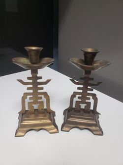 Pair Vintage Brass Chinese Candle Holders 