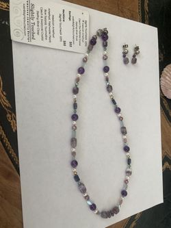 Mexican Amethyst Czech Fire Crystal Sterling Silver Studs Necklace and Earring set