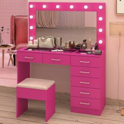 Large Vanity Set Makeup Desk Dressing Dresser Table 7 Drawer with 12 LED Lights