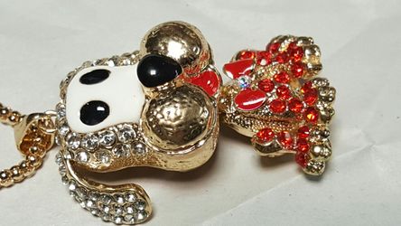 Pup puppy dog red crystal gold plated pendant chain necklace.