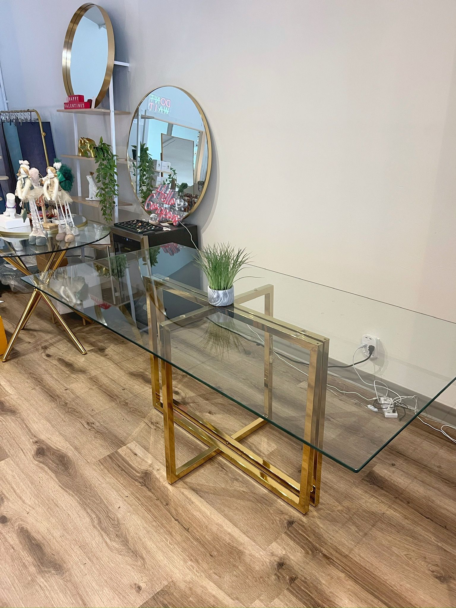 Big Rectangular Ghost Gold Glass Dining Table For 6-8 People
