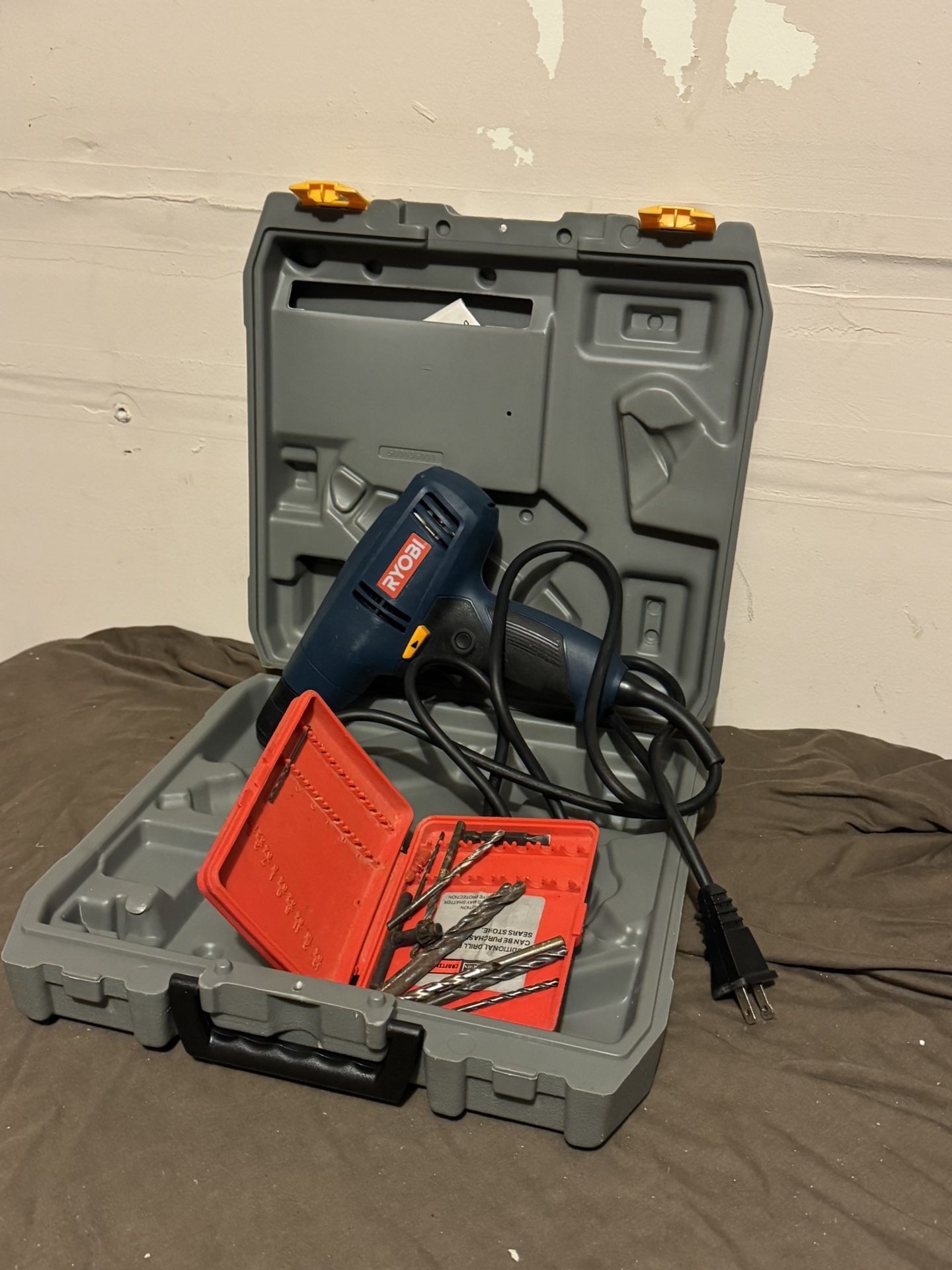 Ryobi Drill with Bits, Tool Shop Hacksaw, Screwdriver Bits, and Cable Ties