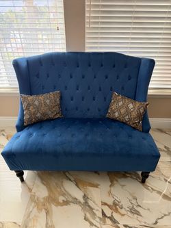Blue Velvet Tufted Loveseat Settee