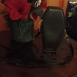 Black Faux Leather Coffin Shaped Bag With Gold Hardware