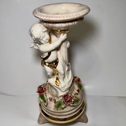 Vintage Porcelain Cherub Pedestal Compote Stand Floral Gold Accents