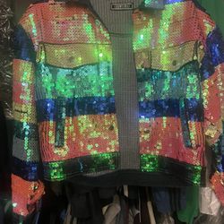 multi color sequin jean jacket