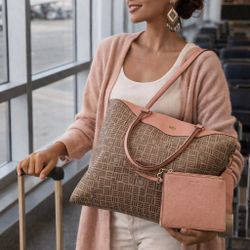 Anne Klein Alex Varsity Tan and Pink Lion Logo Large Travel Tote Bag