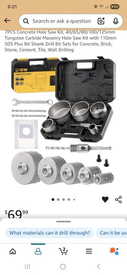 7PCS Concrete Hole Saw Kit, 40/65/80/100/125mm Tungsten