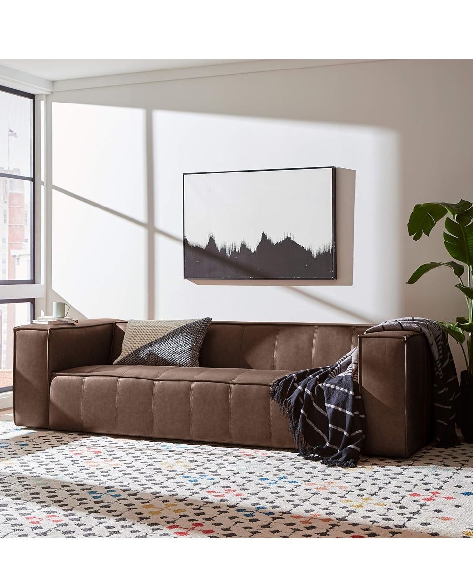 Rivet Thomas Genuine Leather Modern Sofa Couch, Chestnut