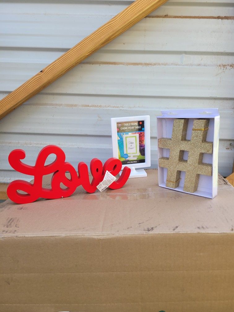 Red Love Sign, Picture Frame, and Gold Hashtag Decor