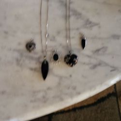 30.4 Grams Group Of Sterling Silver & Black Onyx Necklaces And Pendants