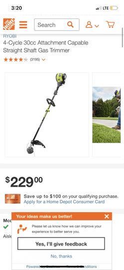 RYOBI 4-Cycle 30cc Attachment Capable Straight Shaft Gas Trimmer