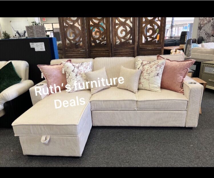 2-pc Sectional Sofa Couch Pull-out Bed. With Storage Ivory Corduroy