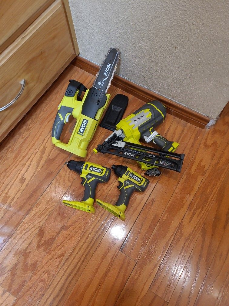 Ryobi 18V  15 Gauge Angled Finish Nailer, 8" Pruning Saw, 1/2" Drill, 1/4" Hex Impact Driver