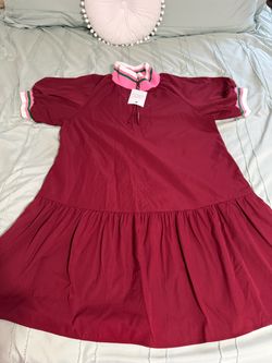 Women’s Burgundy Red Ruffle Hem Dress w/ Striped Collar & Sleeves – NWT