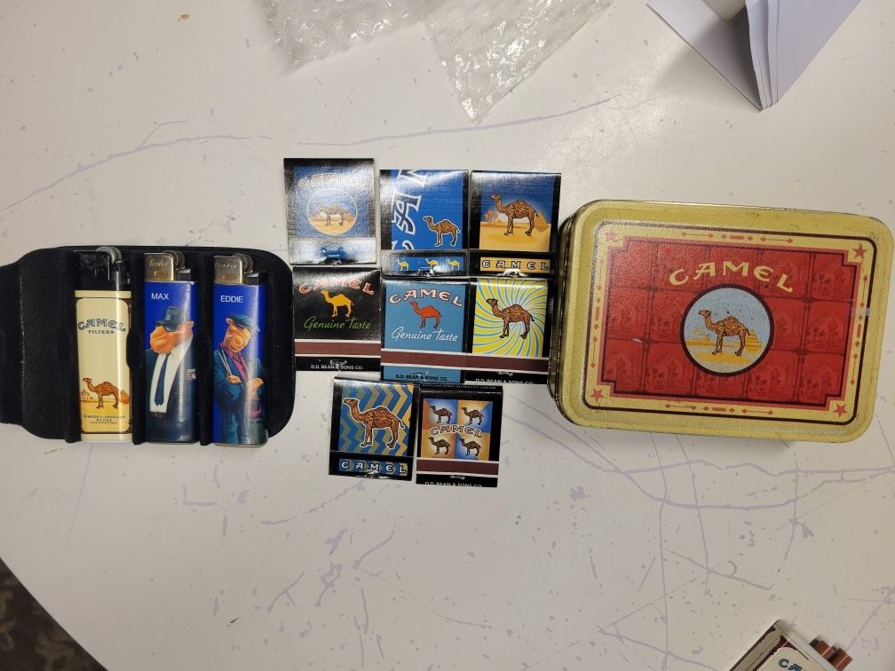 Vintage Camel Tin + 8 Matches + 3 Lighters Lot / BUNDLE Camel Collectibles