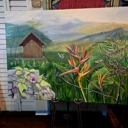 Vintage Oil-on-canvas Painting "Birds of Paradise " Signed by Artist Dated 48"×36"