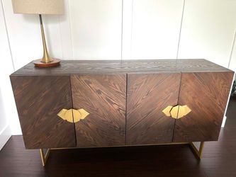Mid-Century Modern Chevron 4-Door Sideboard Credenza – Dark Ash & Brass (Retails $1k+)
