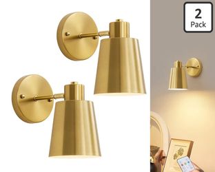 Gold Battery Operated Wall Sconces Set of Two with Remote, Wall Lights, 3 Color Temperature, Dimmable, Modern Wireless Wall Lamps for Bedroom Living R
