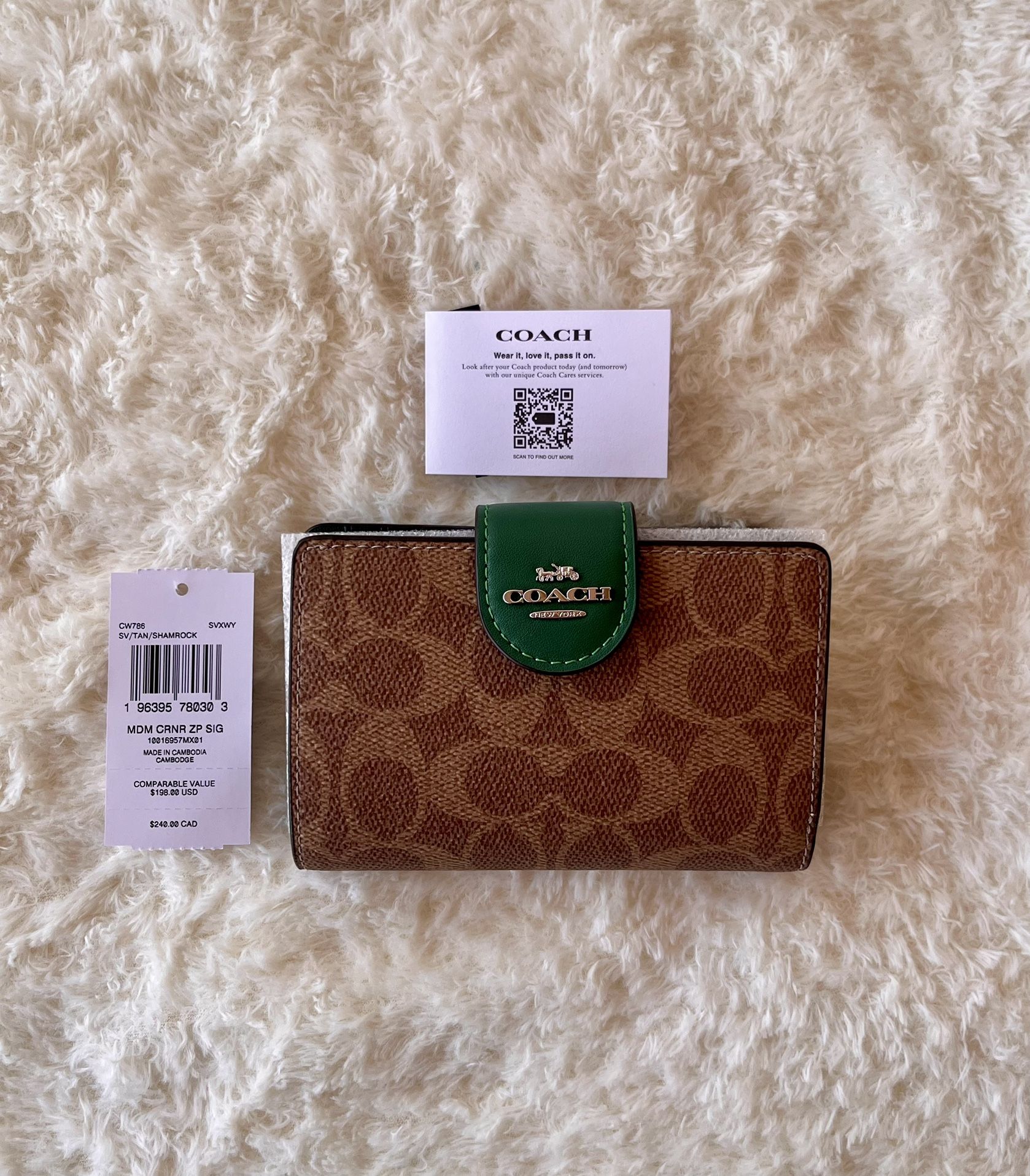 ✨NEW! Coach Medium Corner Zip Signature Bifold Wallet Tan Shamrock Clutch - CW789 ✨
