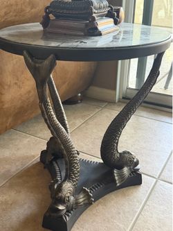 Bronze Triple Dolphins Base Granite Top Round Side End Table Pedestal