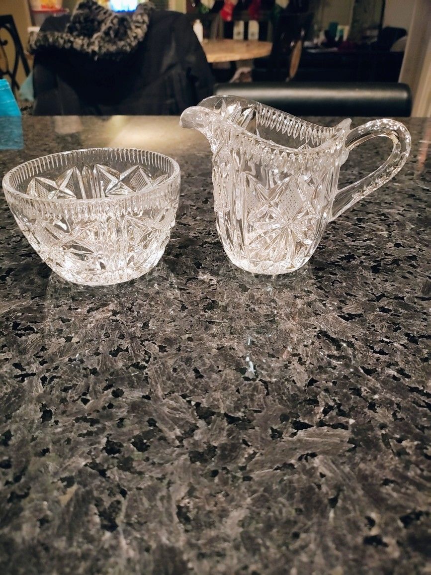 VTG Cut Glass Crystal Creamer & Sugar Bowl Set MCM Starburst Elegant Design