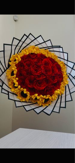 Sunflower & Red Roses ribbon bouquet