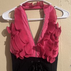 Pink & Black Body Central Ruffle Halter Top