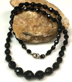 Vintage Jet Black Glass Crystal Necklace 