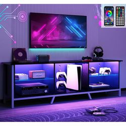 ChVans 71" TV Stand for TVs up to 80" with LED Lights, Modern Gaming Entertainment Center with Adjustable Shelve, High Glossy Black TV Stand for Livin