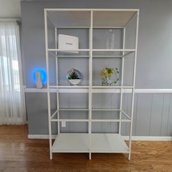 Display Glass Shelf, Glass Shelf, 5-Tier Bookcase, Slim Shelving Unit, Metal Frame Bookshelf, Clear Glass and White Metal Shelves